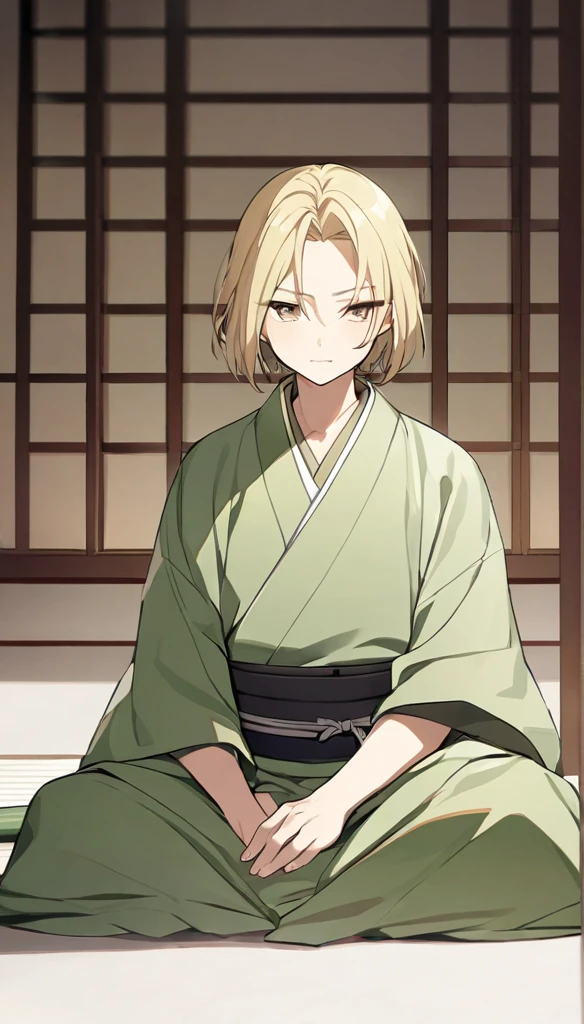 guy, short hair, long bangs, closed forehead, blond, brown eyes, green kimono, haramaki, katana
