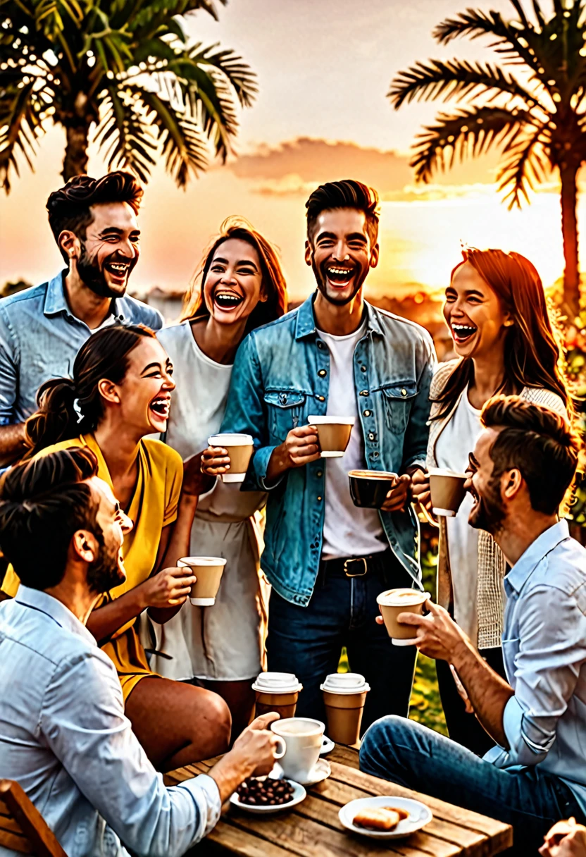 Create a scene where a group of people having a good coffee are laughing and talking at sunset.