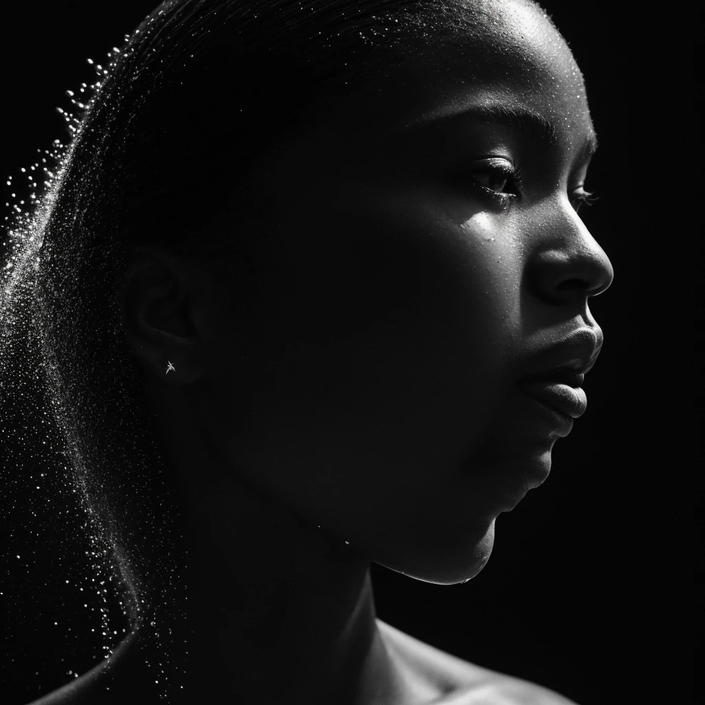 a beautiful black girl with a water teardrop running down her face and a black background, inspired by casey baugh, light falling on face, by casey baugh, stars in her gazing eyes, inspired by Roy DeCarava, noir photorealism, mysterious portrait of a woman, chiaroscuro portrait, grainy black and white photo. close up on side profile