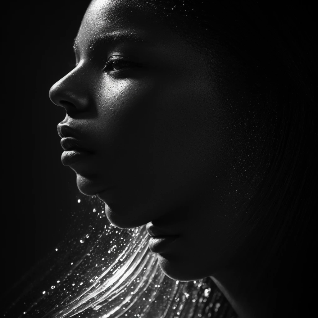 a beautiful black girl with a water teardrop running down her face and a black background, inspired by casey baugh, light falling on face, by casey baugh, stars in her gazing eyes, inspired by Roy DeCarava, noir photorealism, mysterious portrait of a woman, chiaroscuro portrait, grainy black and white photo. close up on side profile