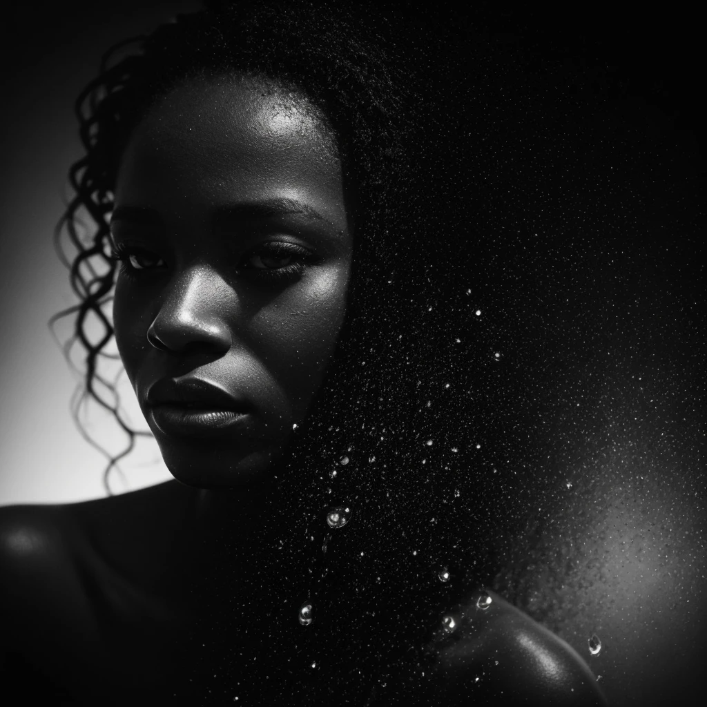 a beautiful black girl with a water teardrop running down her face and a black background, inspired by casey baugh, light falling on face, by casey baugh, stars in her gazing eyes, inspired by Roy DeCarava, noir photorealism, mysterious portrait of a woman, chiaroscuro portrait, grainy black and white photo. close up on side profile