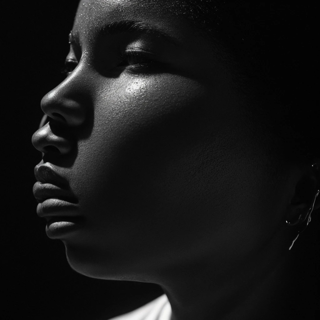a beautiful black girl with a water teardrop running down her face and a black background, inspired by casey baugh, light falling on face, by casey baugh, stars in her gazing eyes, inspired by Roy DeCarava, noir photorealism, mysterious portrait of a woman, chiaroscuro portrait, grainy black and white photo. close up on side profile