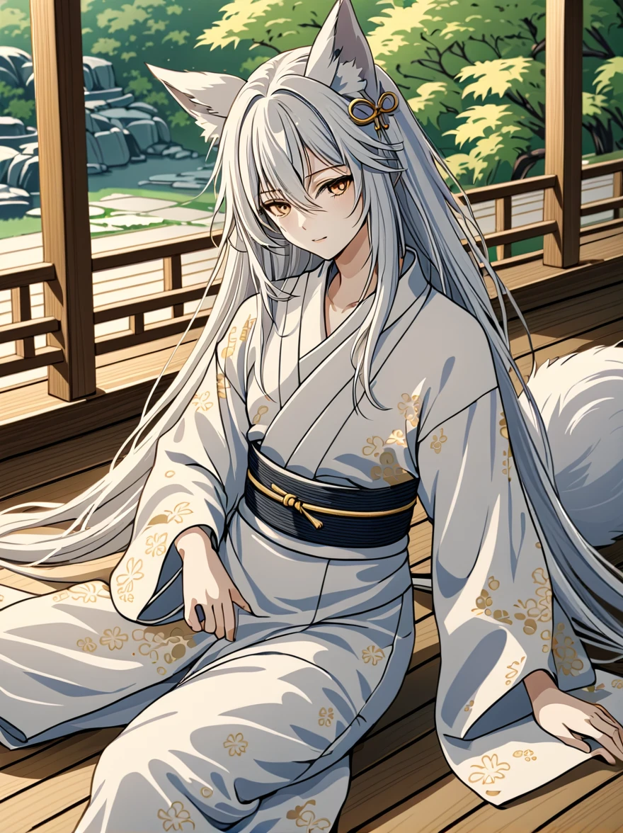((Highest quality)), ((masterpiece)), (detailed), ((Perfect Face))、male, 銀髪のmale性キャラクター。She has long, flowing hair and piercing golden eyes..。It has white fox ears on its head。
Performance: 真剣なPerformanceをしています。
He is wearing a yukata、Lying on the veranda of a Japanese house。Japanese Garden The yukata color scheme is based on white and gold..、キャラクターのdetailedな陰影
キャラクターのdetailedを強調するように設計。
In anime style、Characterized by delicate lines and soft shadows.。Realistic yet stylish.、Subtle gradients and textures are used。
The characters exude a calm and relaxed vibe..、It gives a slightly mysterious and fantastical impression..。
