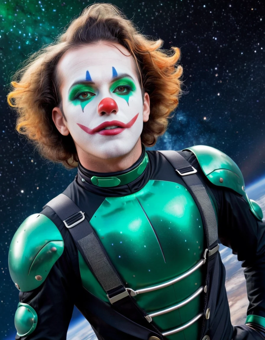 A space-faring clown with futuristic makeup, green cosmic smoke rising from his face, and high-tech attire. The background is a dark, starry galaxy.