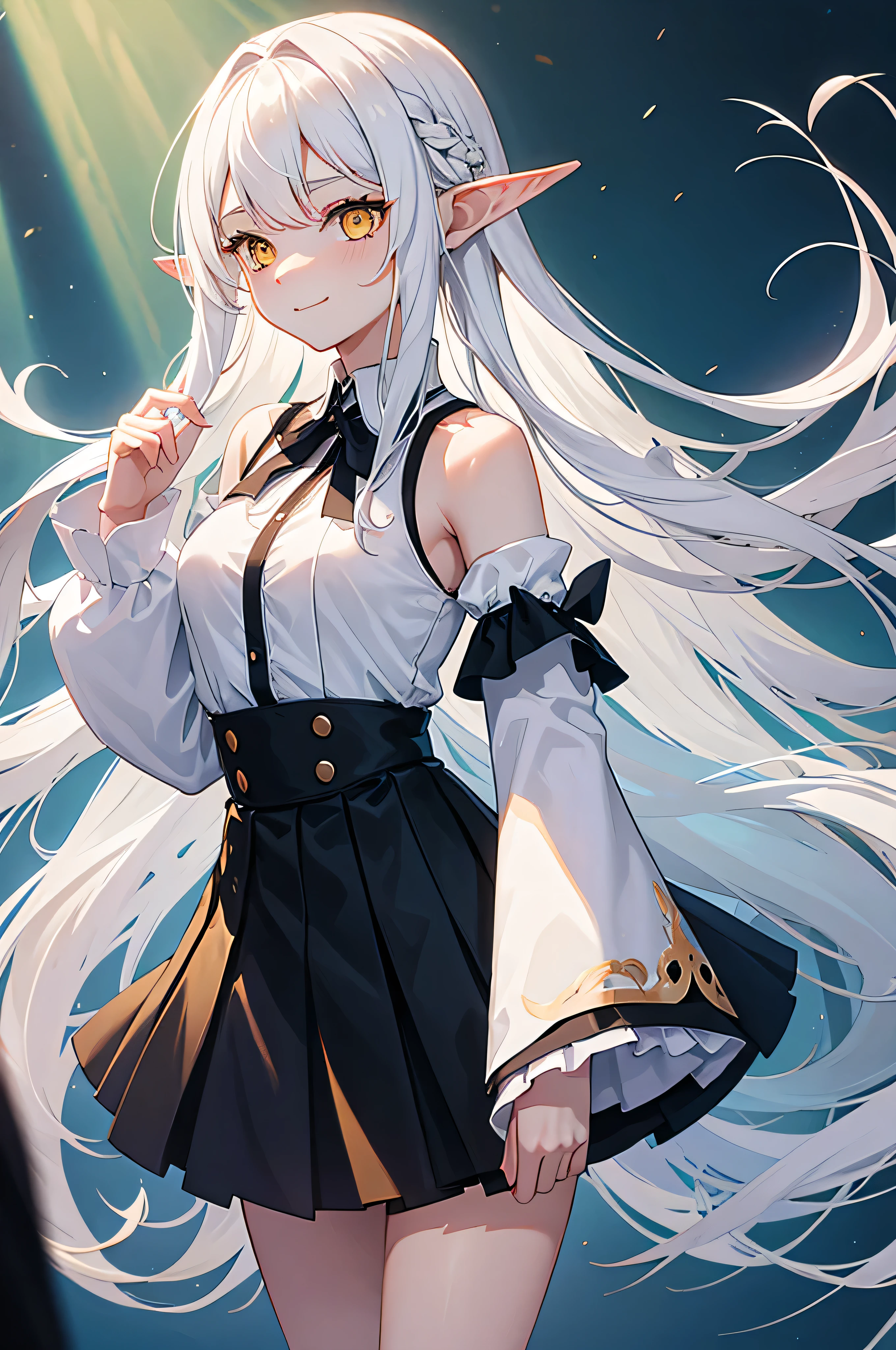 1 girl, One, flowing long hair, yellow eyes, White hair, bare shoulders, skirt, breast, cut off sleeves, long sleeves, hair flaps, closed mouth, black skirt, shirt, pointed ears, smile, большая breast и ляжки с чулками