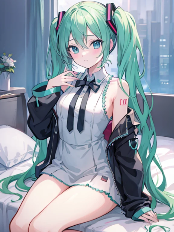 Hatsune miku sitting on a bed, thick thighs, smooth skin, warm lighting