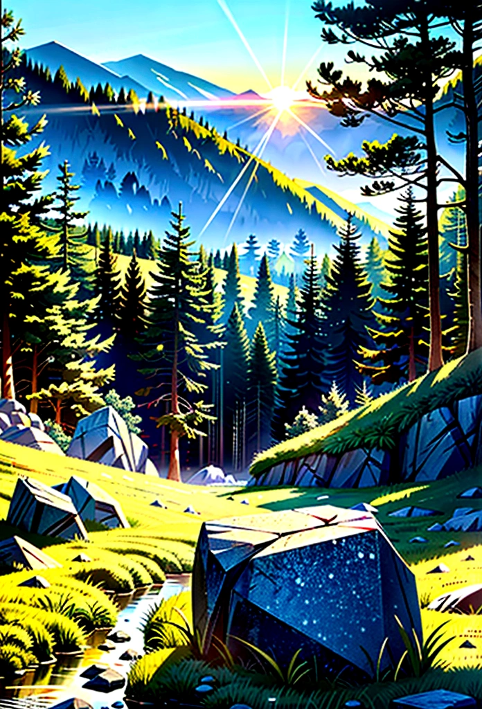 (best qualityer) rocky landscape, with a closed forest, sun shining (work of art)