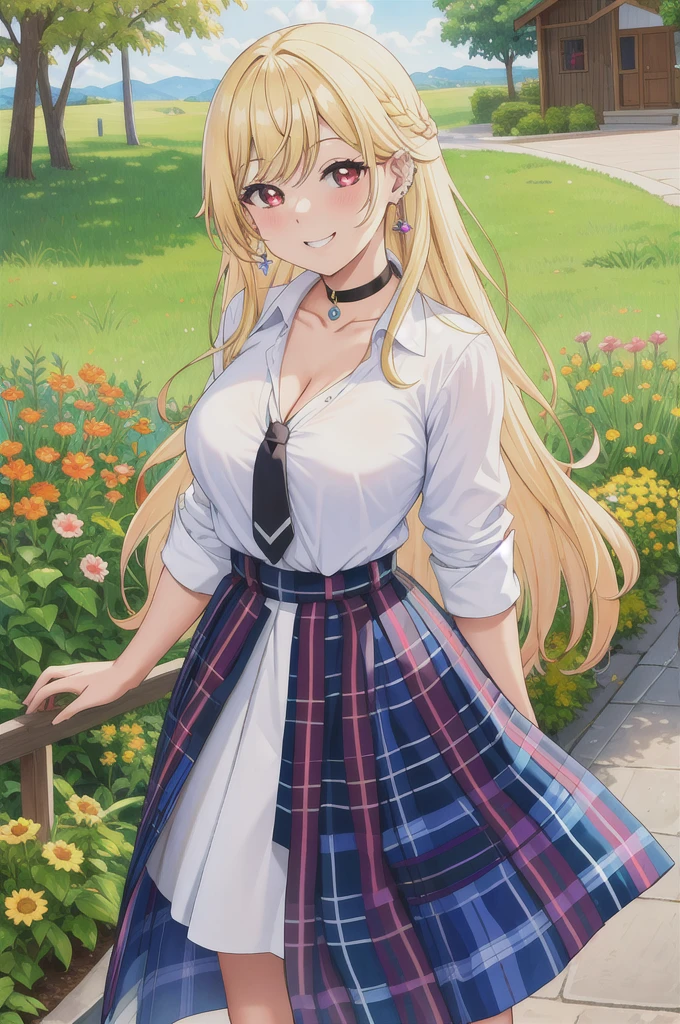 masterpiece, best quality, highres, kitagawa marin, 1girl, blonde hair, long hair, multicolored hair, red eyes, jewelry, earrings, piercing, , white shirt, tied shirt, black choker, blue necktie, blue plaid skirt, subtle cleavage, grin, smile, standing, cowboy shot, outdoors,  