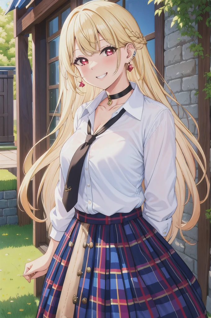 masterpiece, best quality, highres, kitagawa marin, 1girl, blonde hair, long hair, multicolored hair, red eyes, jewelry, earrings, piercing, , white shirt, tied shirt, black choker, blue necktie, blue plaid skirt, subtle cleavage, grin, smile, standing, cowboy shot, outdoors,  