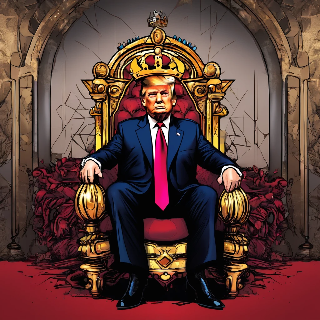 art Donald Trump with crown on his head sitting on throne