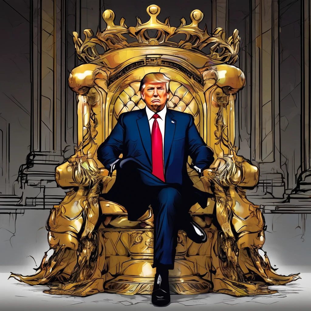 art Donald Trump with crown on his head sitting on throne