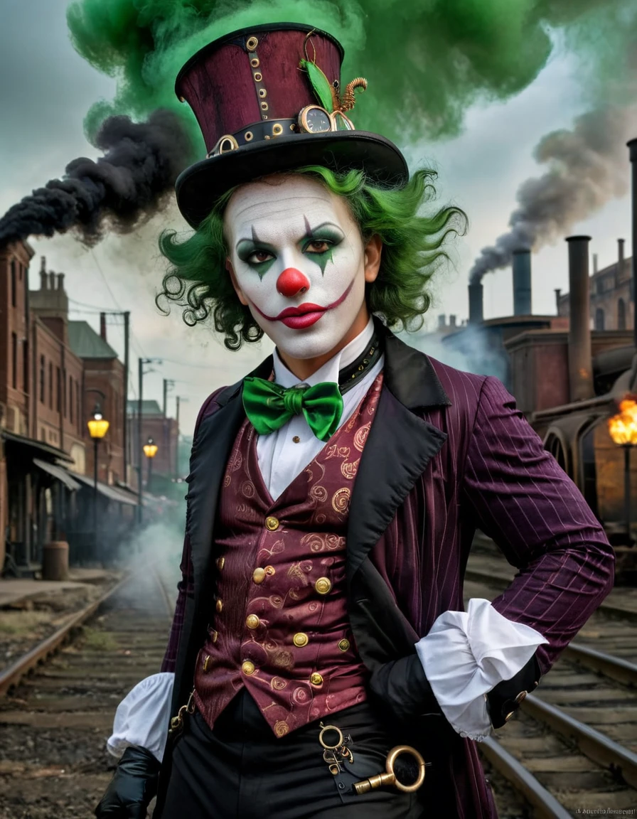 A gothic steampunk clown with dark, mechanical makeup, green steamy smoke rising from his face, and Victorian attire. The background is a dark, industrial city.