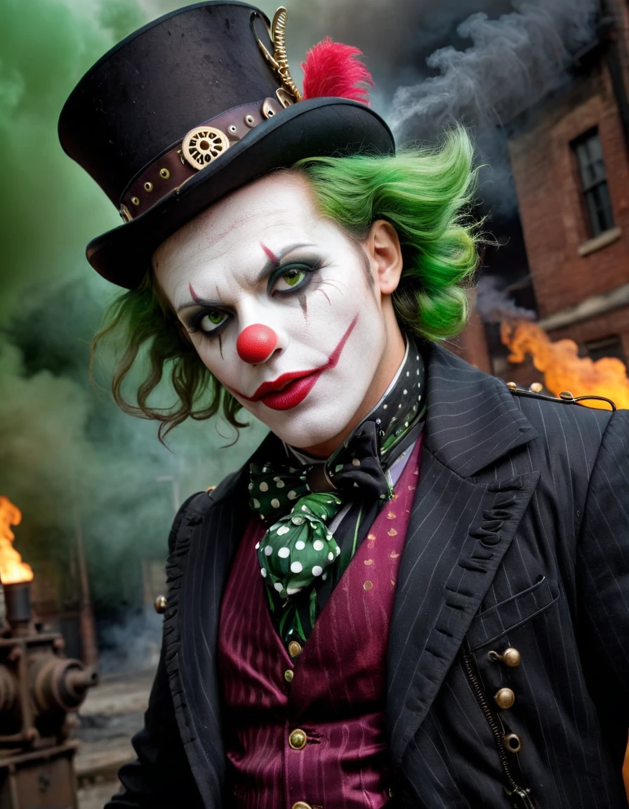 A gothic steampunk clown with dark, mechanical makeup, green steamy smoke rising from his face, and Victorian attire. The background is a dark, industrial city.