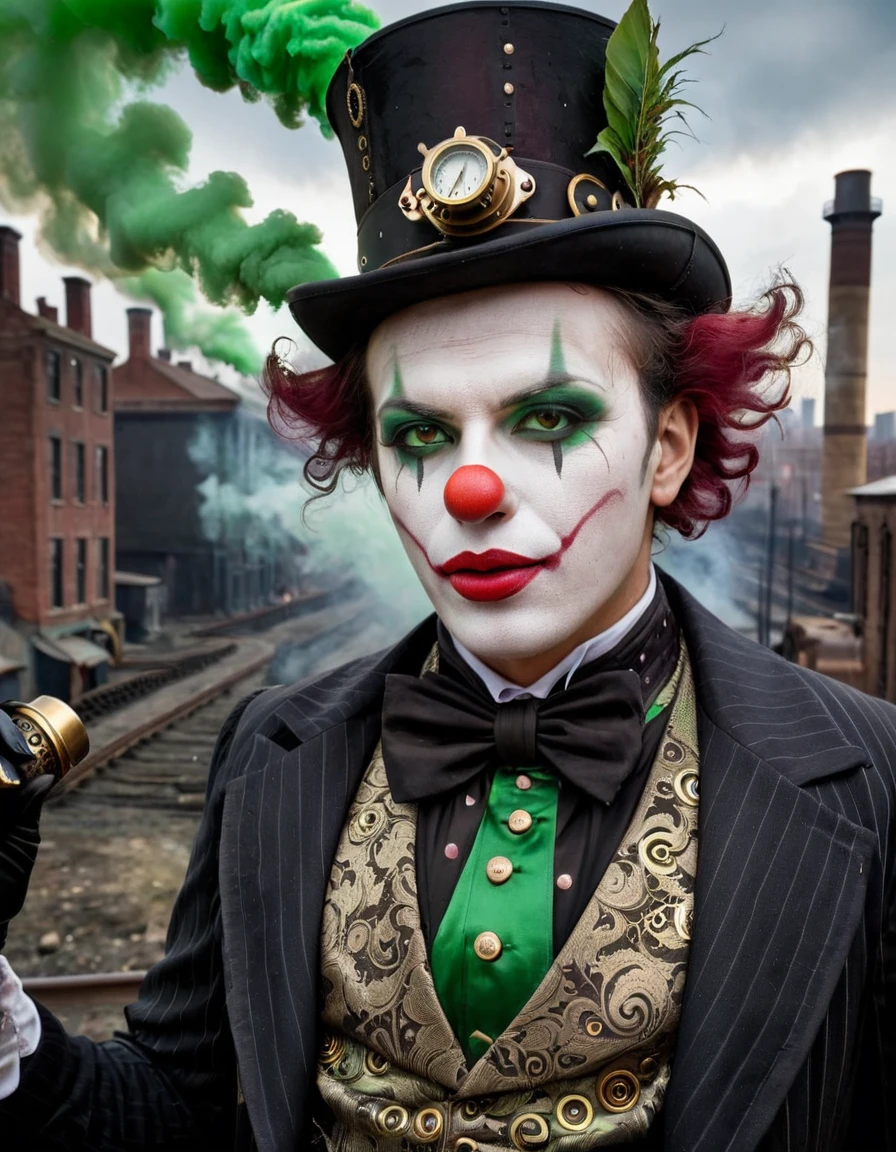 A gothic steampunk clown with dark, mechanical makeup, green steamy smoke rising from his face, and Victorian attire. The background is a dark, industrial city.