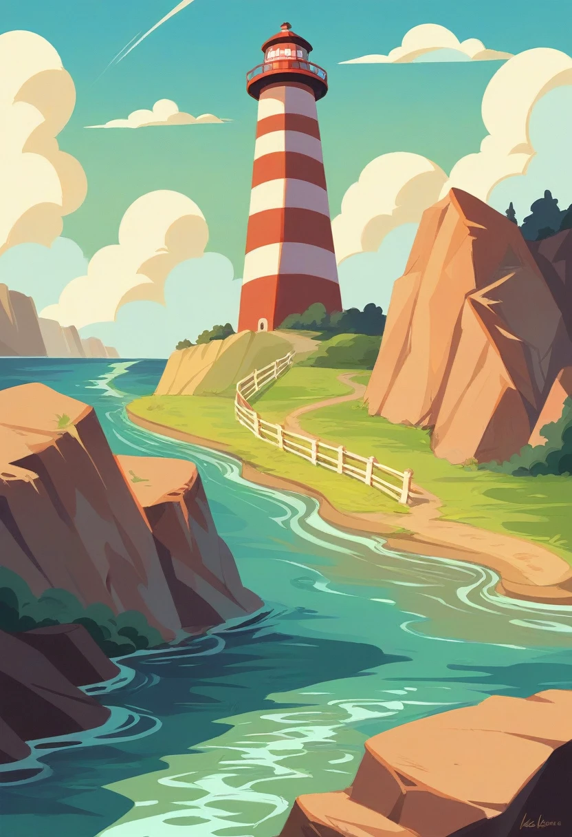A serene coastal scene at sunset featuring a prominent white lighthouse on the right. The sky is partly cloudy, with the setting sun casting a warm glow, creating an array of colors from yellow to blue. The lighthouse stands on a rugged coastline with rocks scattered in the water below. A wooden fence runs along a path leading towards the lighthouse, adding to the scenic beauty of the landscape.