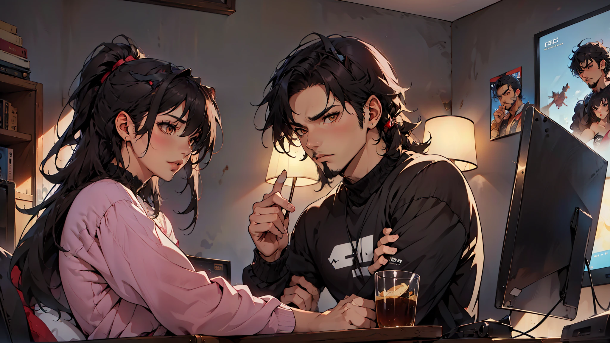 (Junkotvv a girl con orejas de gato) and (neocruz a boy con barba y sin orejas de gato), playing video games together in a room full of 80s style anime and posters in neon tones with video game controllers in their hands and enjoying