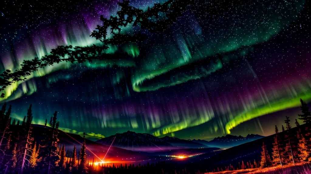 night sky full of stars an aurora with vibrant colors in the style of Firewatch video game art, reds, oranges, purples, crescent moon, night sky, lightning