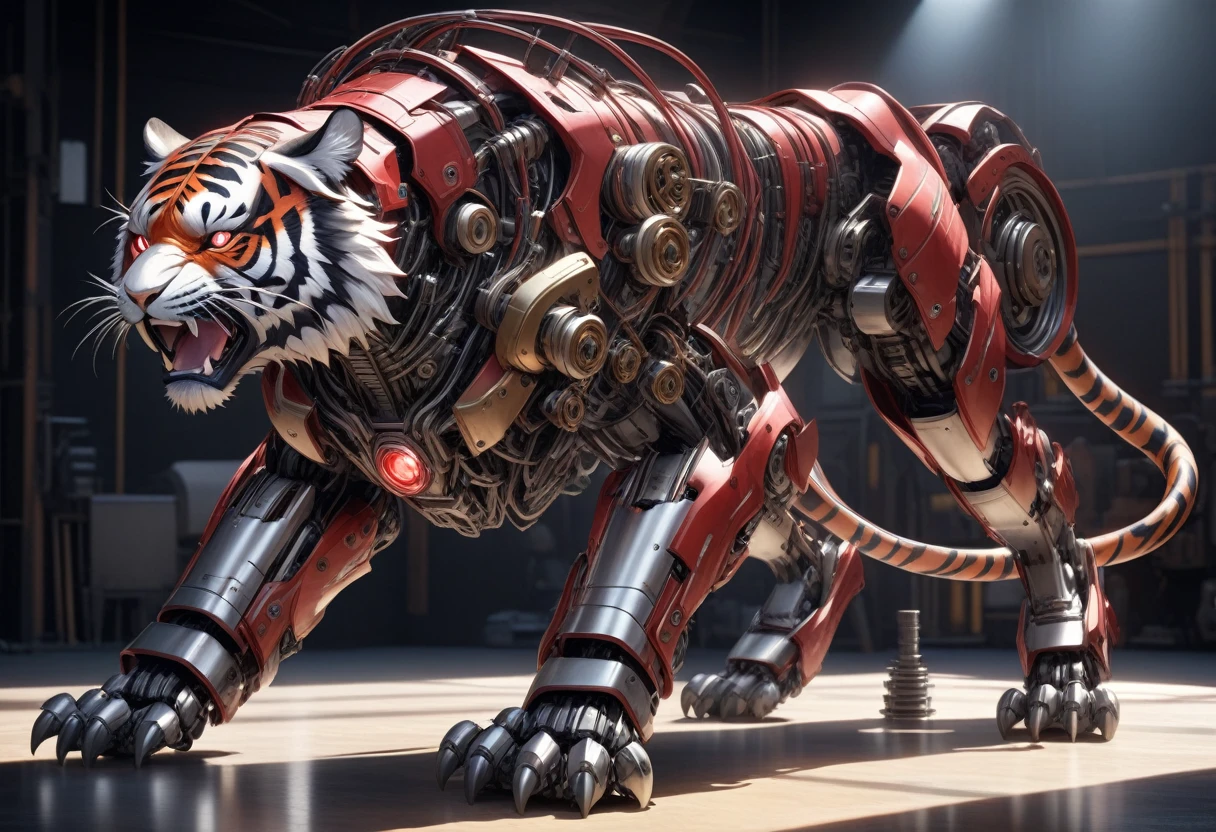 Ultra-realism, ((Masterpiece)), ((Best Quality)), (Very Detailed), ((Very Detailed)), 4K, (8K), very aesthetic, absurdres highres, Ultra-high detailed mechanical tiger robot with realistic metallic textures, chrome, stainless steel, and brass surfaces, exposed precise gears and pistons, intricate and detailed wiring and tubing, robust mechanical armor plates, glowing red eyes, realistic shadows and reflections, detailed surface scratches and wear, body kept low, front legs extended, hind legs on the ground, eyes sharply open, simple studio background.