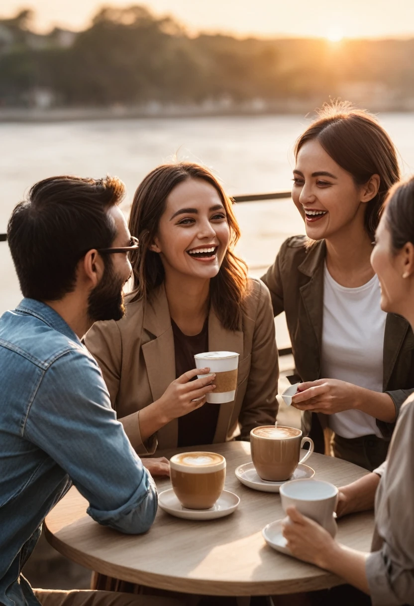 Create a scene where a group of people having a good coffee are laughing and talking at sunset.
