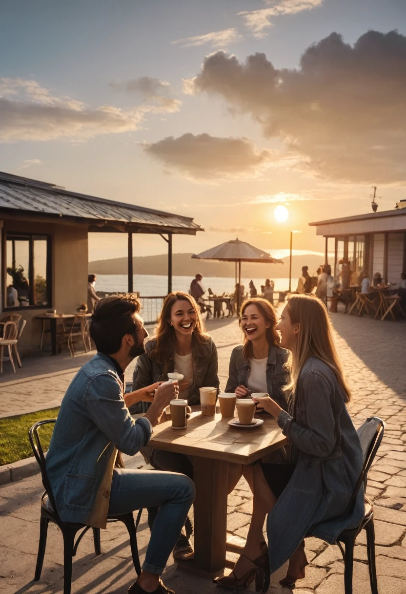Create a scene where a group of people having a good coffee are laughing and talking at sunset.