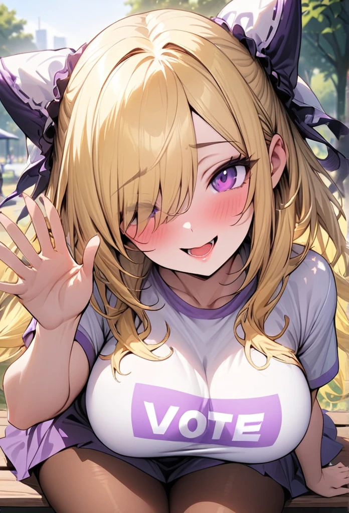 ((Best Quality)), ((Masterpiece)), (detailed), 1 girl, Pastel yellow hair, long hair, hair covers one eye, purple eyes, tight, big breasts, big thighs, expression smiling shy, white vote t-shirt, purple skirt, brown pantyhose, sitting on a park bench, greeting the viewer, Open mouth