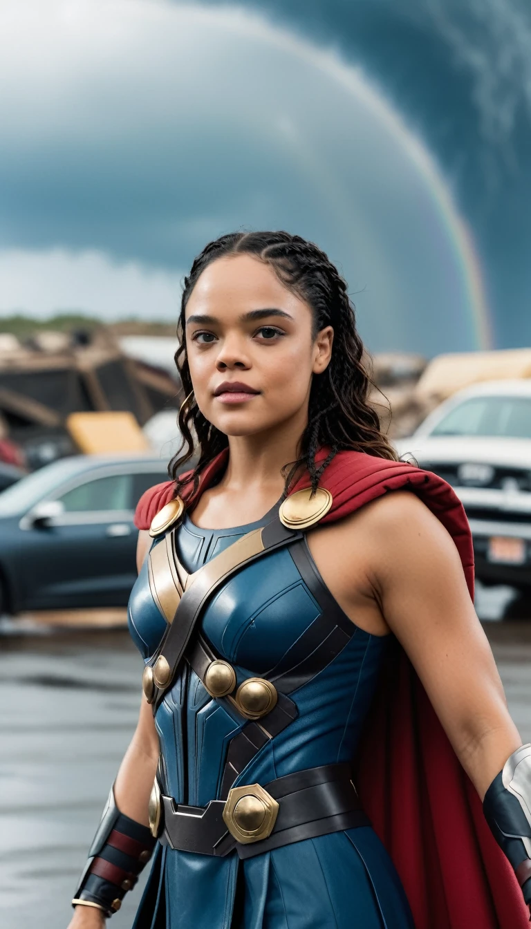 cinematic photo RAW candid cinema,  (((Tessa Thompson dressed as Thor))) full body pose in the centre of a cyclone, 16mm, ((remarkable color)), (ultra realistic)  . 35mm photograph, film, bokeh, professional, 4k, highly detailed