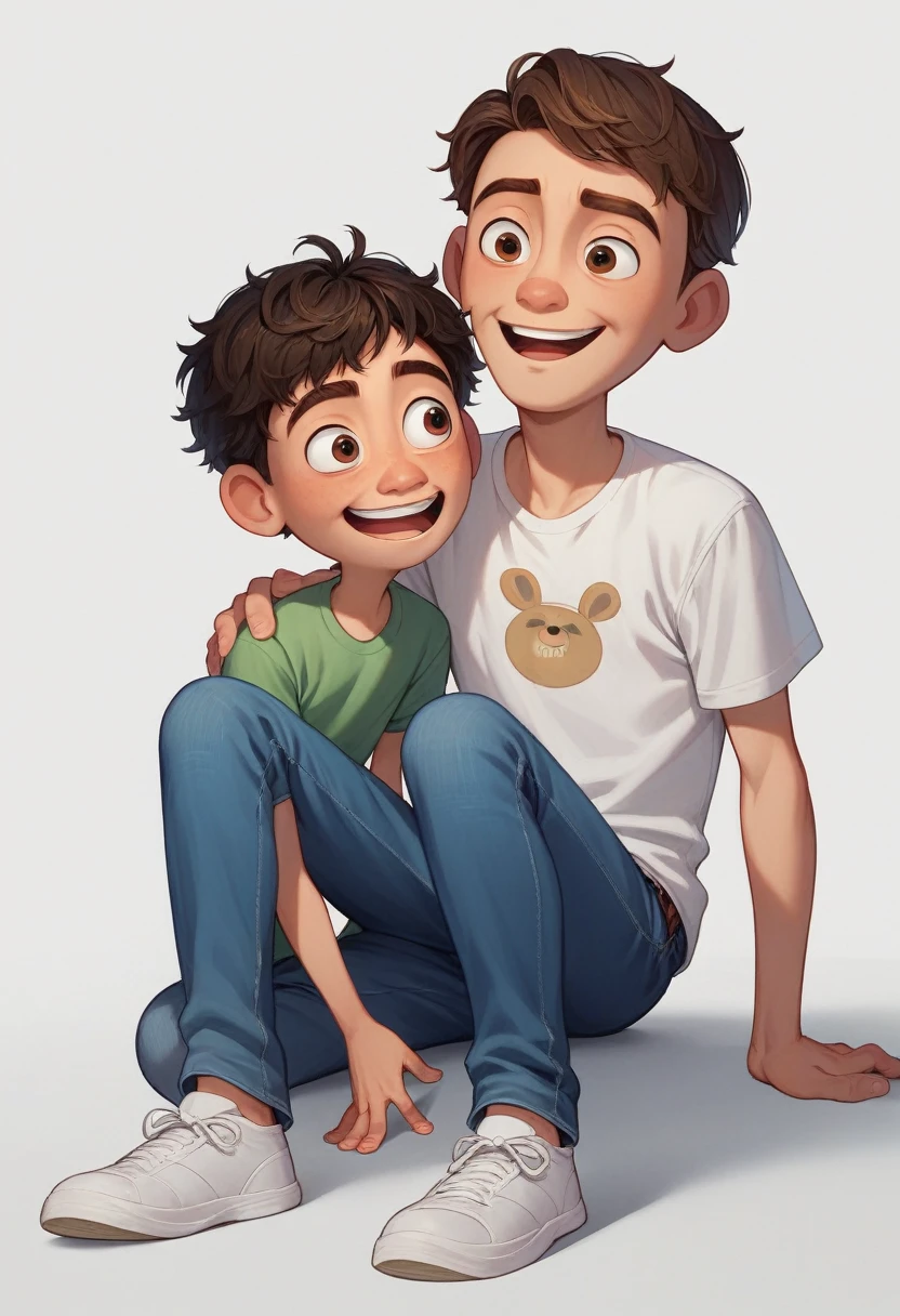 Boy character from the film amusingly, disney pixar style,3d,with short dark brown hair, White sneakers, Brown eyes, jeans, face with happy expression, light blue skin, white background 8k quality