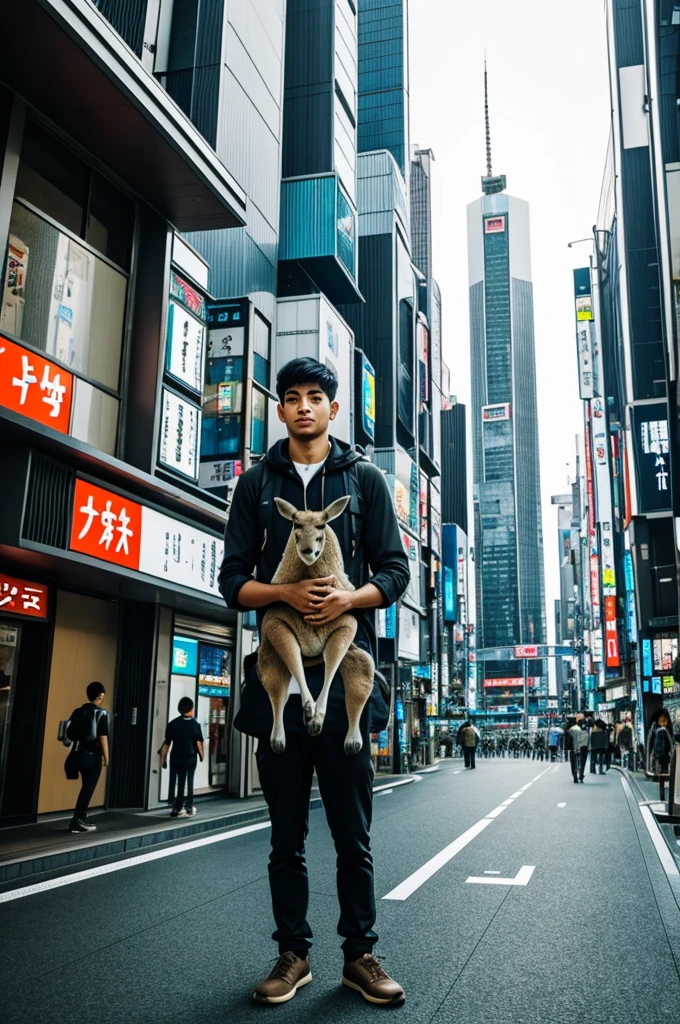 Young man with kangaroo watching a futuristic Japan city 