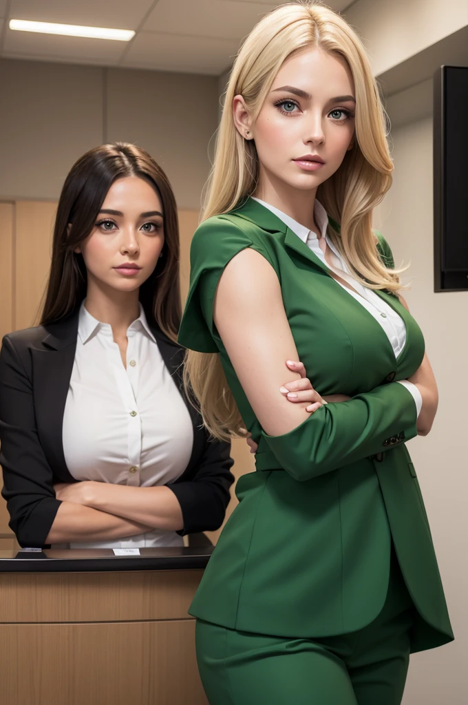 Create a brunette woman with blonde hair and dark eyes, well made up, with a green receptionist outfit , with arms crossed and hand on chin.