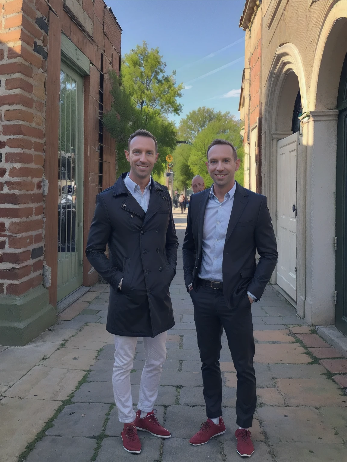 (highres,masterpiece:1.2), ultra-detailed, realistic:1.37, HDR, man ,solo, Todder8 Todder1 in the street with pea coat (stylish leather shoes red_socks), painted brick walls, german cobblestone pavement,lively city atmosphere,vibrant colors,soft light,cool blue tones