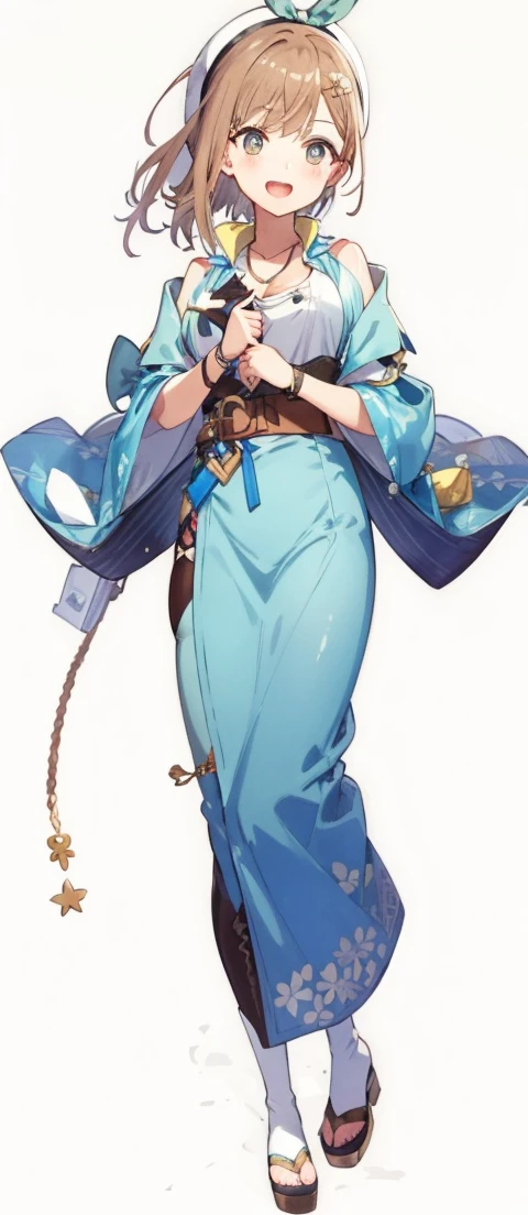 {{{masterpiece}}}, {{{best quality}}}, {{ultra-detailed}}, {illustration}, {{an extremely delicate and beautiful}}, (beautiful detailed eyes:1.6), extremely detailed face, 8k, anime face, Reisalin Stout(Atelier Ryza), ryza, 1girl, solo, hat, white headwear, head ribbon, brown hair, hair ornament, hairclip, brown eyes, large breasts, plump thighs, BREAK, {{{1stDefault}}}, First Clothing, shorts, gloves, belt, jewelry, red shorts, thighhighs, short shorts, bridal legwear, necklace, single glove, star necklace, toeless footwear, leather, star (symbol), brown gloves, boots, short hair, thighs, leather belt, brown belt, flask, leather gloves, jacket, blue belt, navel, thigh boots, sleeveless jacket, thigh pouch, white thighhighs, collarbone, yellow jacket, brown footwear, cleavage, thighs, zettai ryouiki, BREAK, sorriso alegre, open mouth, visual anime de uma jovem mulher, extremamente bonito rosto de anime, anime melhor garota, sorriso astuto, outdoor, sky, daytime, forest, field