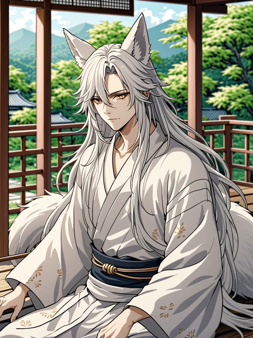((Highest quality)), ((masterpiece)), (detailed), ((Perfect Face))、Miyabi、male, 銀髪のmale性キャラクター。He has long, flowing hair and piercing golden eyes..。It has white fox ears on its head。
Performance: 真剣なPerformanceをしています。
He is wearing a yukata、Lying on the veranda of a Japanese house。Japanese Garden The yukata color scheme is based on white and gold..、キャラクターのdetailedな陰影
キャラクターのdetailedを強調するように設計。
In anime style、Characterized by delicate lines and soft shadows.。Realistic yet stylish.、Subtle gradients and textures are used。
The characters exude a calm and relaxed vibe..、It gives a slightly mysterious and fantastical impression..。