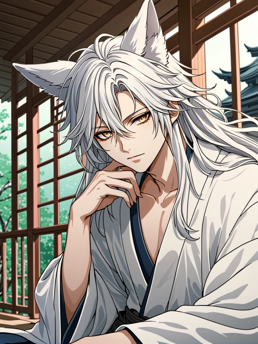 ((Highest quality)), ((masterpiece)), (detailed), ((Perfect Face))、Miyabi、male,  銀髪のmale性キャラクター。He has long, flowing hair and piercing golden eyes..。It has white fox ears on its head。
Performance: 真剣なPerformanceをしています。
He is wearing a yukata、Lying on the veranda of a Japanese house。Japanese Garden The yukata color scheme is based on white and gold..、キャラクターのdetailedな陰影
キャラクターのdetailedを強調するように設計。
 In anime style、Characterized by delicate lines and soft shadows.。Realistic yet stylish.、Subtle gradients and textures are used。
The characters exude a calm and relaxed vibe..、It gives a slightly mysterious and fantastical impression..。