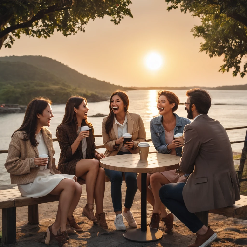 Create a scene where a group of people having a good coffee are laughing and talking at sunset.