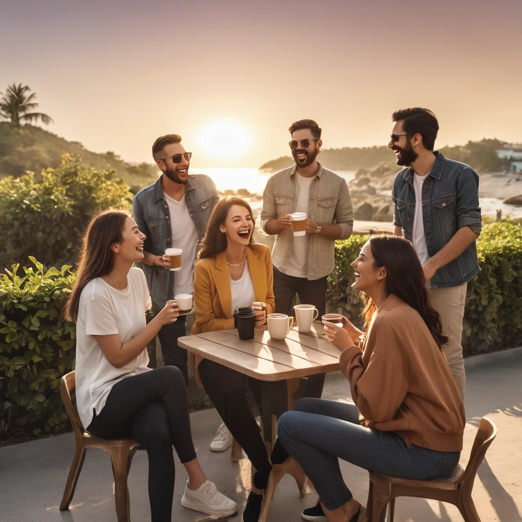 Create a scene where a group of people having a good coffee are laughing and talking at sunset.