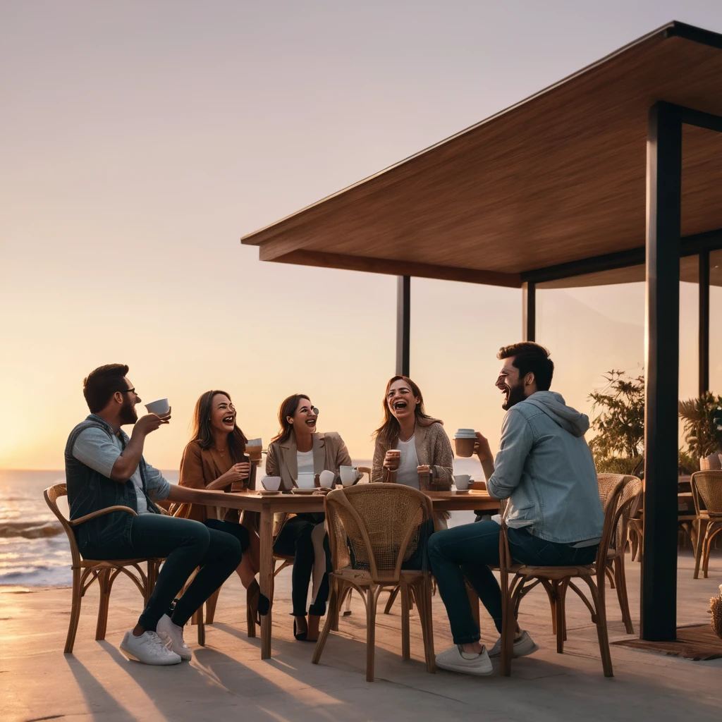Create a scene where a group of people having a good coffee are laughing and talking at sunset.