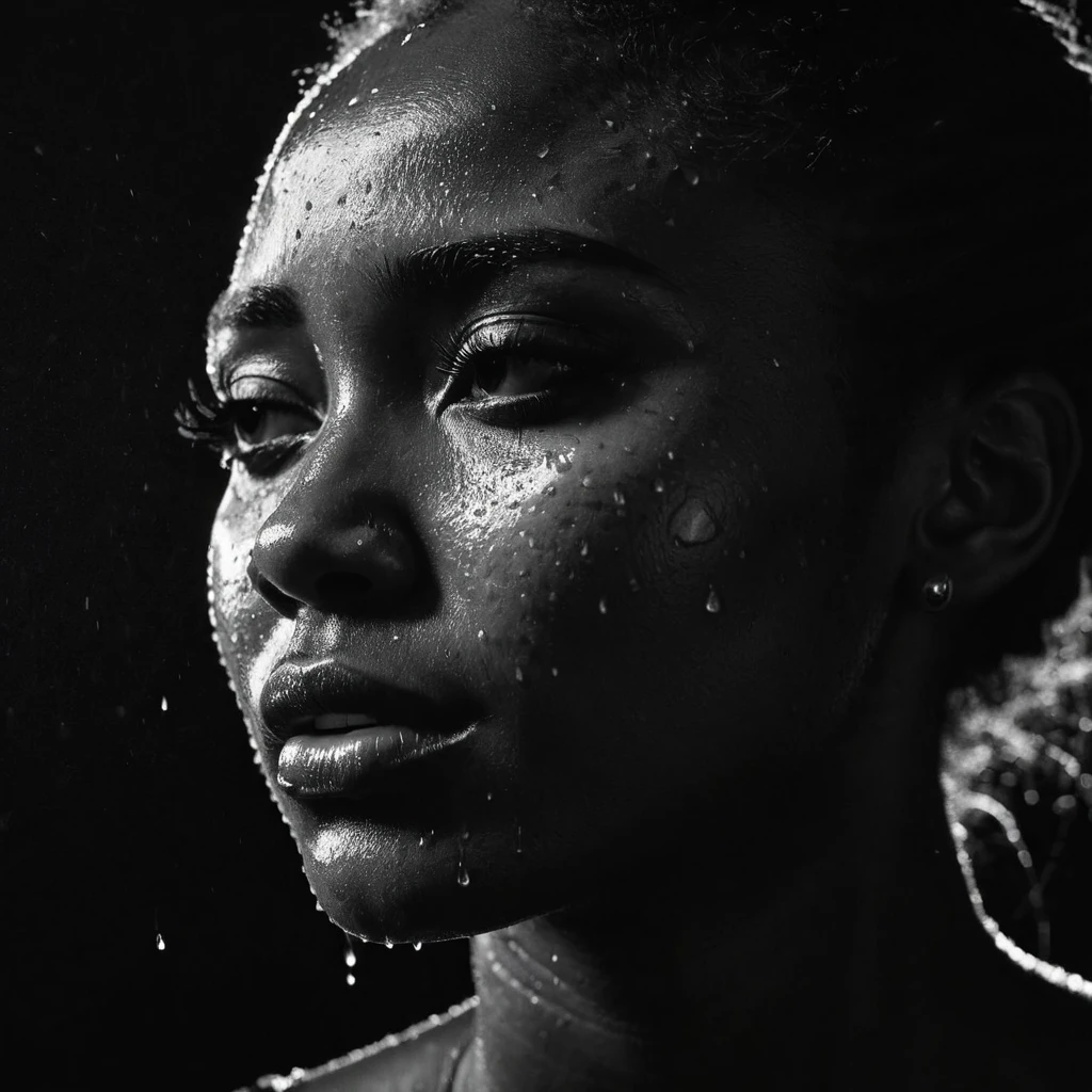 a beautiful black girl with crying a water teardrop running down her face and a black background, light falling on face, noir photorealism, mysterious portrait of a woman, chiaroscuro portrait, grainy black and white photo. close up on side profile