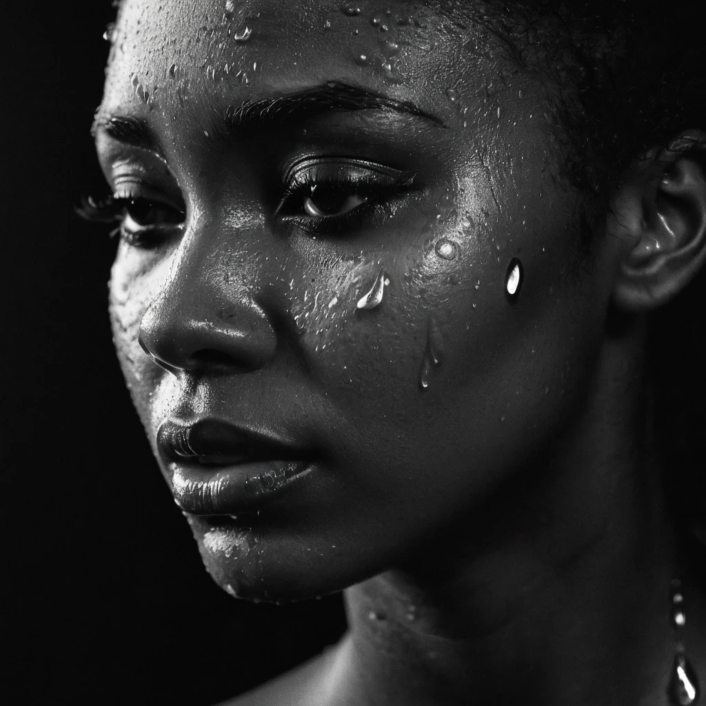 a beautiful black girl with crying a water teardrop running down her face and a black background, light falling on face, noir photorealism, mysterious portrait of a woman, chiaroscuro portrait, grainy black and white photo. close up on side profile