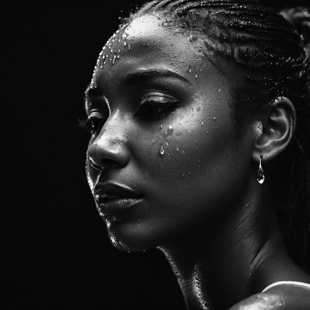 a beautiful black girl with crying a water teardrop running down her face and a black background, light falling on face, noir photorealism, mysterious portrait of a woman, chiaroscuro portrait, grainy black and white photo. close up on side profile