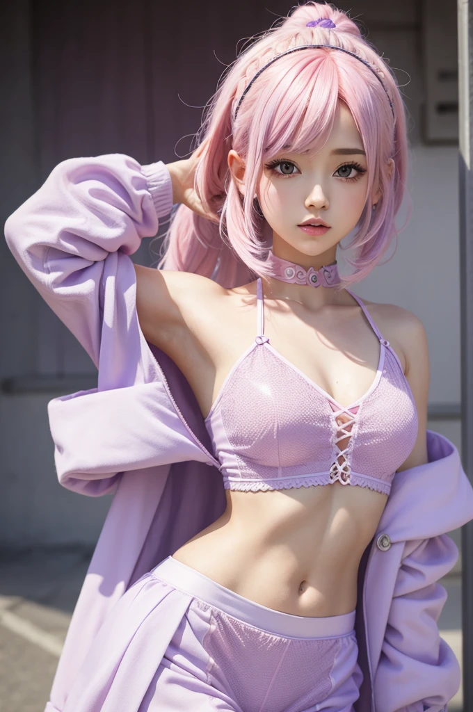 A cute character with pink hair and lilac outfit