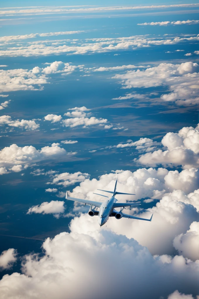Airplane flying between the clouds 