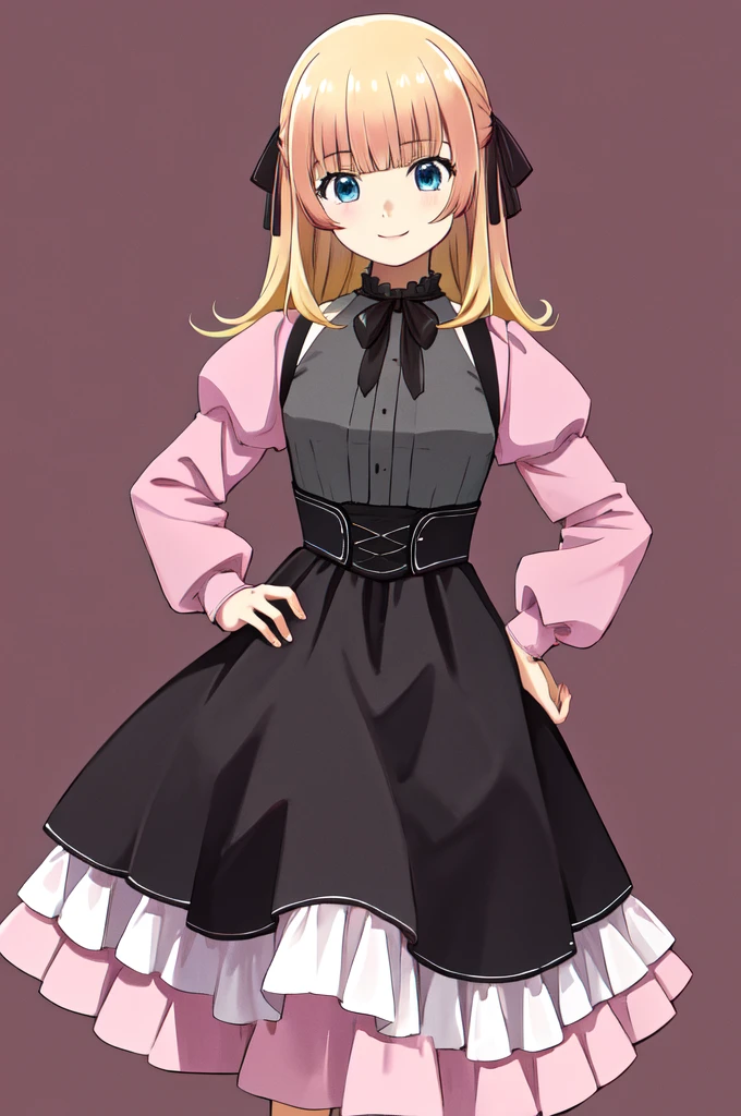masterpiece, Highest quality, High resolution, 1女の子のヘアribbon, Pink Dress、Long sleeve、ribbon、Frills、Hands on hips, smile, Simple Background
