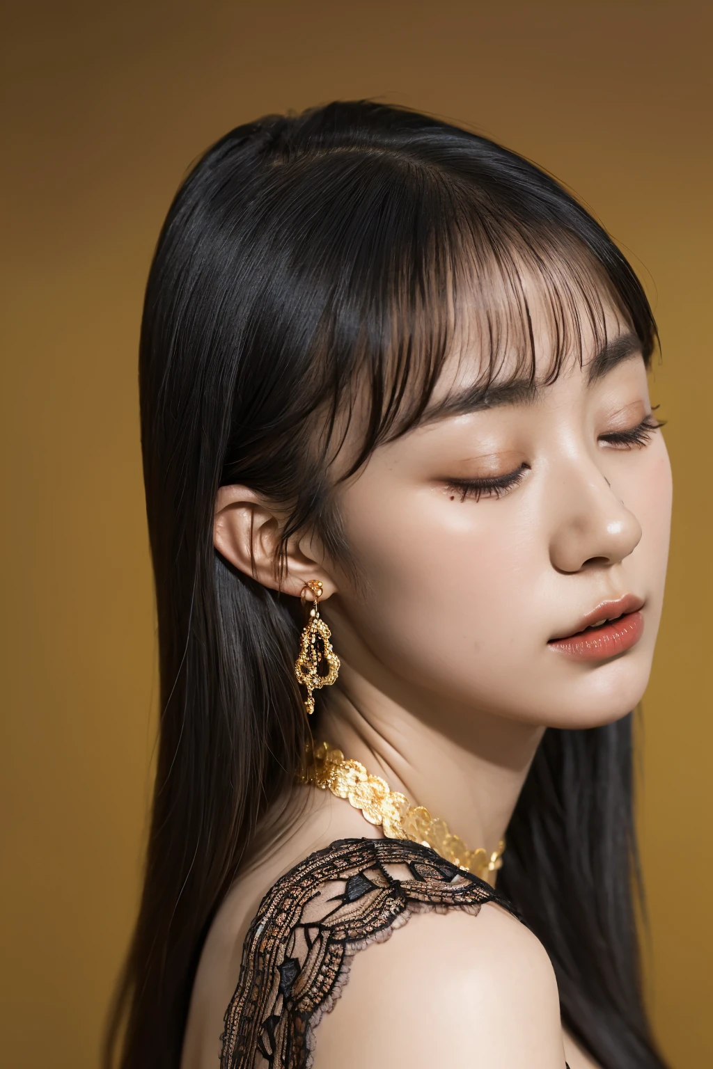 ((((upper body shot)))),(((nude))),((((nipples)))),(((sagging breasts))),Ultra-high resolution,big eyes,Japanese,(a girl),(1 girl),(17 years old),((cute)),pretty,earring,((arms behind back)),(looking at viewer),((facing front)),necklace,((long hair)),(gold hair accessories),((((black body lace)))),(eyes closed)