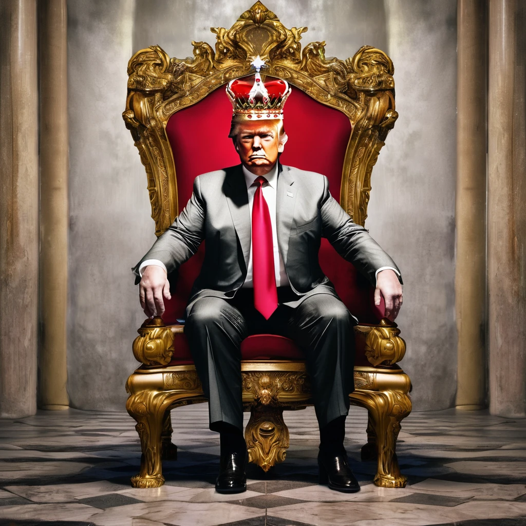 art Donald Trump with crown on his head sitting on throne