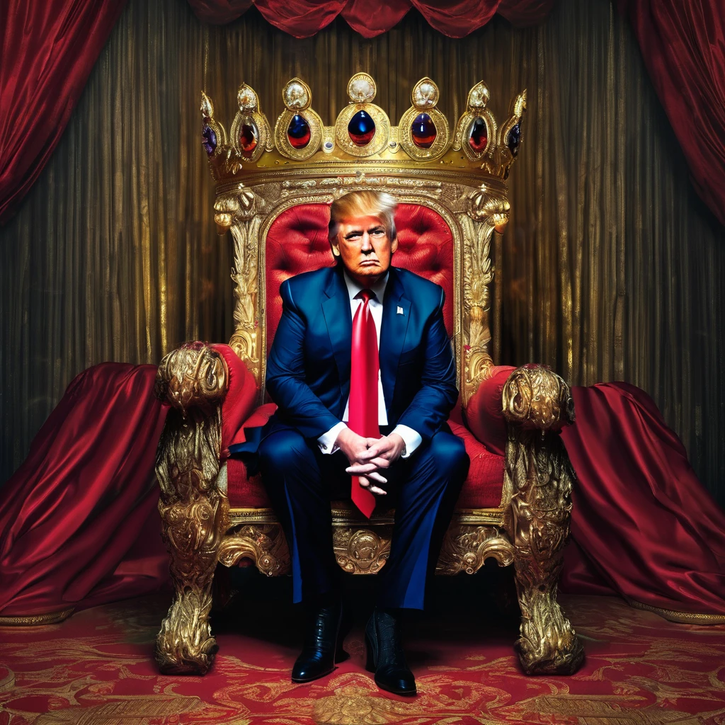art Donald Trump with crown on his head sitting on throne