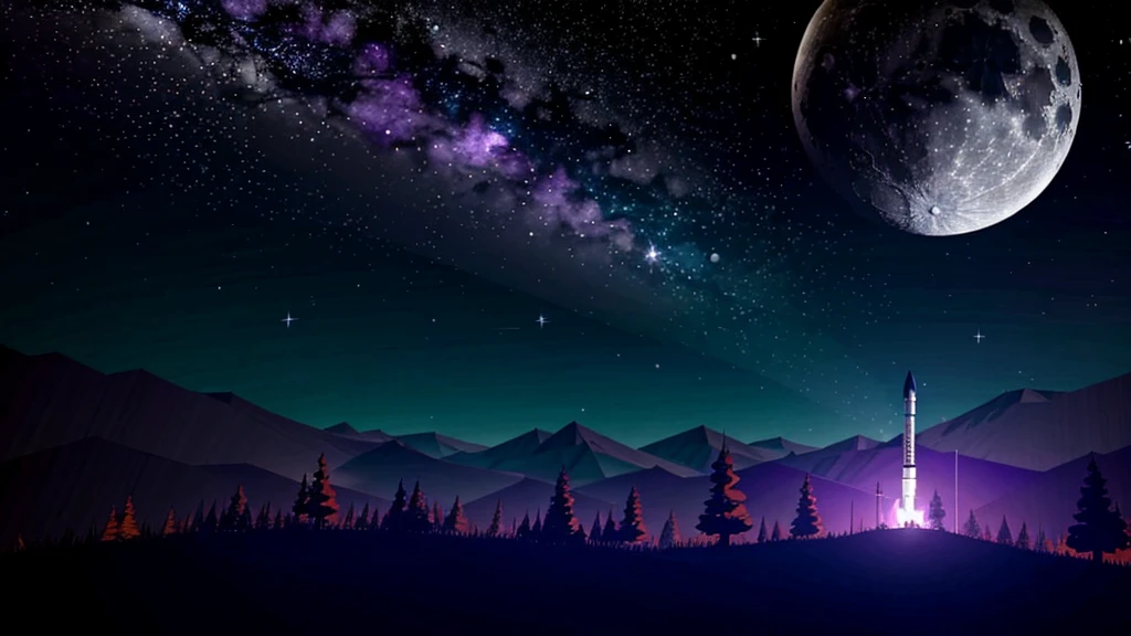 night sky full of stars, (colors white black purple), based on the style of Firewatch video game art, moon, astronaut and an rocket