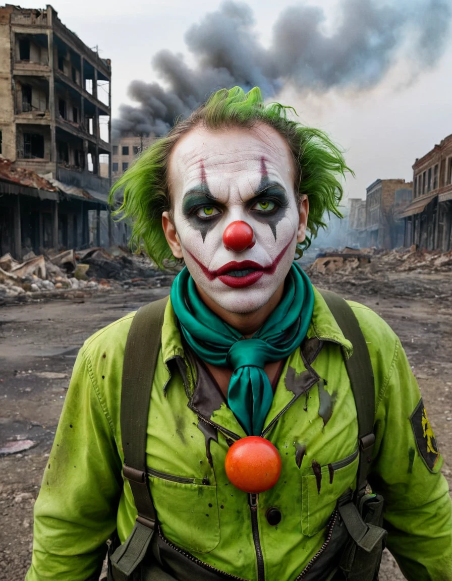 A post-apocalyptic zombie clown with decayed makeup, green toxic smoke rising from his face, and rugged clothing. The background is a dark, ruined city.