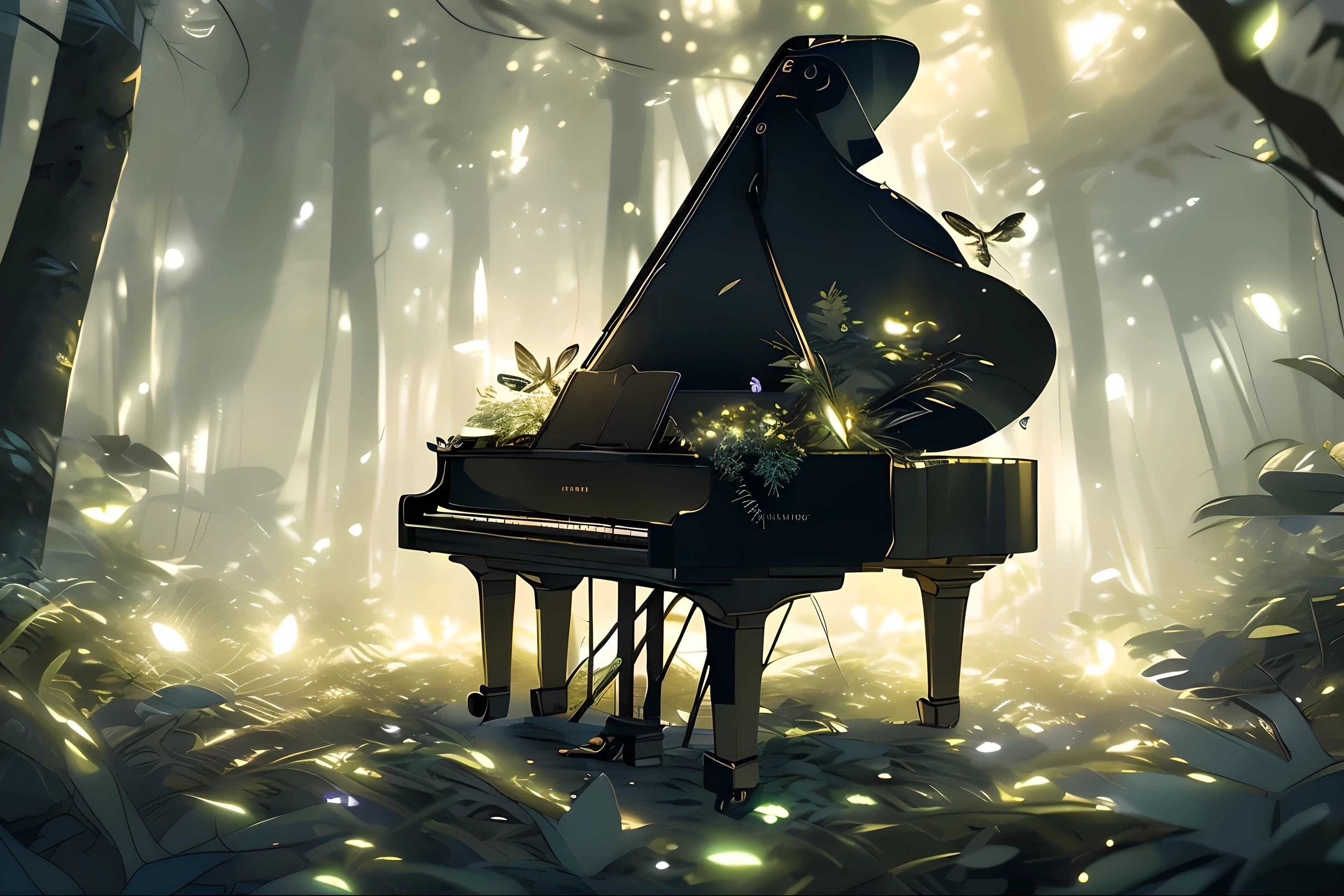There's a white piano in the forest,piano sheen,tall trees, firefly,Small animals,work of art, the best qualityer, best reflection ever. (very detailed 8k unified CG wallpaper), (best qualityer), (Best illustration), (better shadows), forest theme with natural elements. small sheening mushrooms surrounded by delicate Sheets and twigs, with firefly and sheening particle effect,, (natural elements), (jungle theme), (Sheets), (twigs), (firefly), borboleta, (delicate Sheets), (sheen), (particle effect). , isometric 3D Model, octane rendering, ray tracing, super verbose