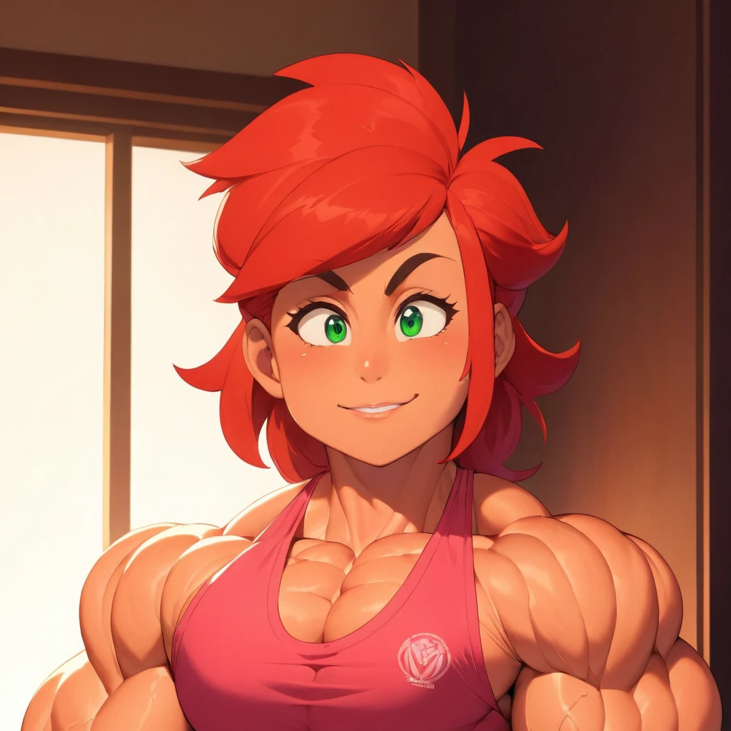(masterpiece:1.2), (best quality), (ultra detailed), (8k, 4k, intricate),(full-body-shot:1), (highly detailed:1.2),(detailed face:1.2), (detailed background), muscle woman, big muscles, huge muscles, massive muscles, muscle girl, bronze skin, Her facial features are a mix of determination and kindness, with expressive eyes that radiate a sense of adventuremuscle woman with red hair wearing pink tank top, most muscular pose, woman with huge muscles, green eyes, smile