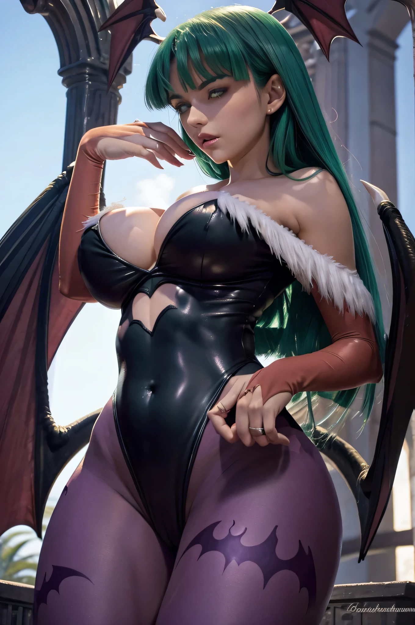 Morrigan, a sexy and sensual goddess of darkness with her beautiful face, spectacular body, breasts the size of watermelons, small waist, huge hips, her beautiful colored suit staring at the screen with a seductive gaze, her body that looks all over you from head to toe.